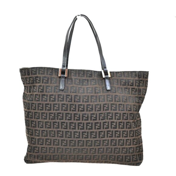 FENDI Logo Zucchino Hand Tote Bag Canvas Leather Brown Italy - Picture 1 of 14